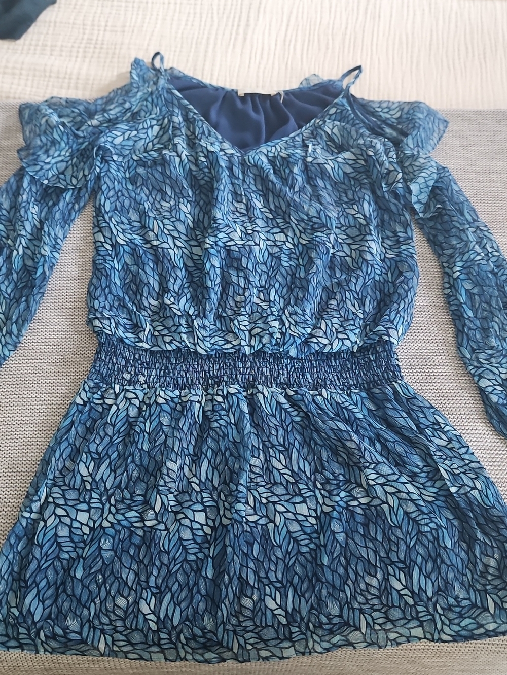Ramy Brook Blue Leaf-Print Cold-Shoulder Long Sleeve Dress